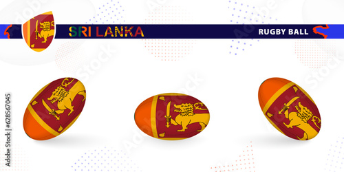 Rugby ball set with the flag of Sri Lanka in various angles on abstract background.