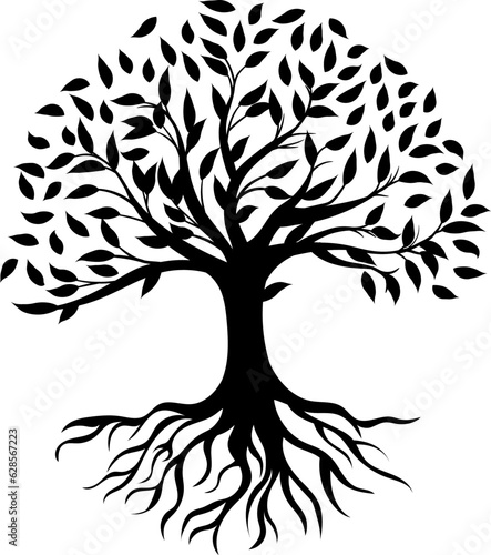 black and white tree Tree silhouette with leaves and roots isolated