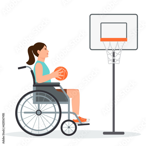 Basketball player in a wheelchair holds a ball. Adaptive sports for people with disability. Isolated vector illustration.