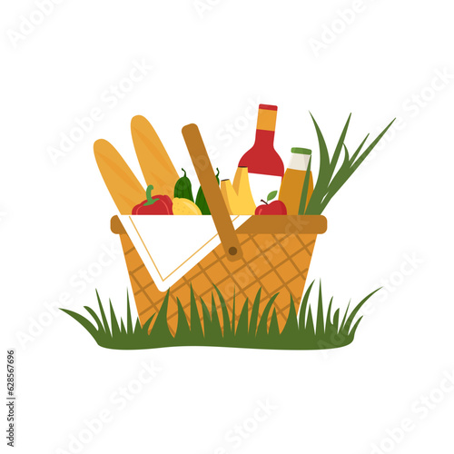 Picnic basket on grass full of food and drinks (wine, fruits, vegetables,  baguette) for outdoor lunch. Vector illustration in flat style.