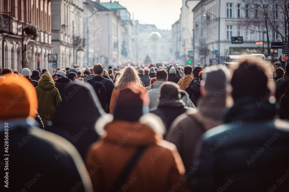 Crowd of people walking on busy street moving fast through city center. Crowd of people walking on busy street moving fast through city center.