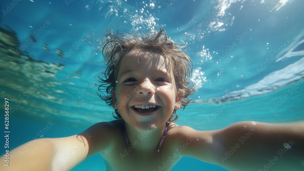 Happy children swimming underwater and having fun. generative AI Happy children swimming underwater and having fun. generative AI