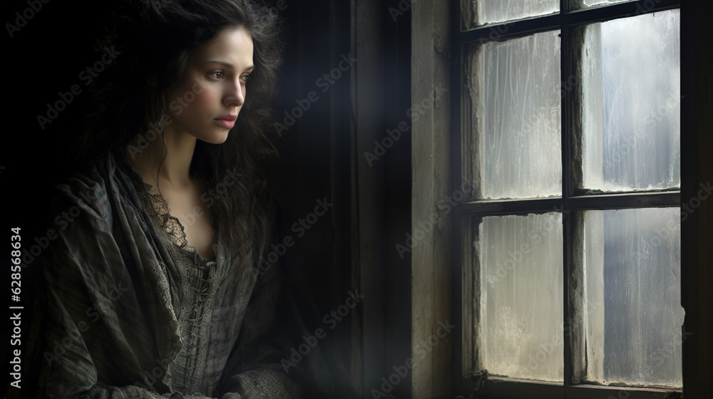 Fototapeta premium the_lady_looks_throught_the_window