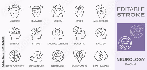 Neurology icons, such as brain tumors, dementia, multiple sclerosis, epilepsy and more. Editable stroke.