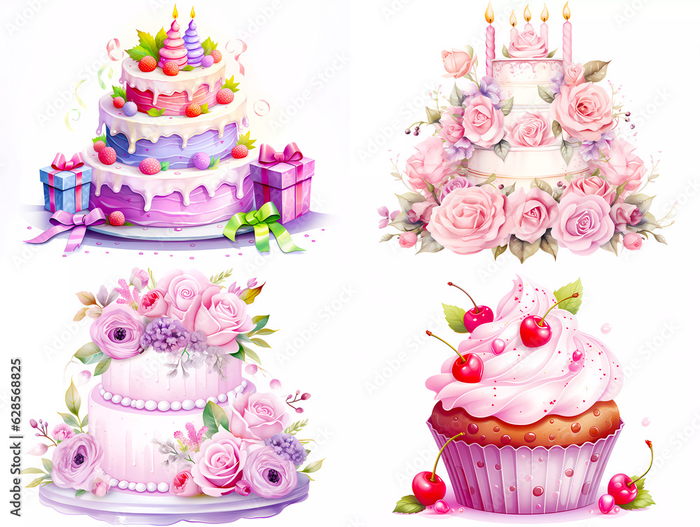 Watercolor birthday cakes clipart set. Clipart for crafts, cards