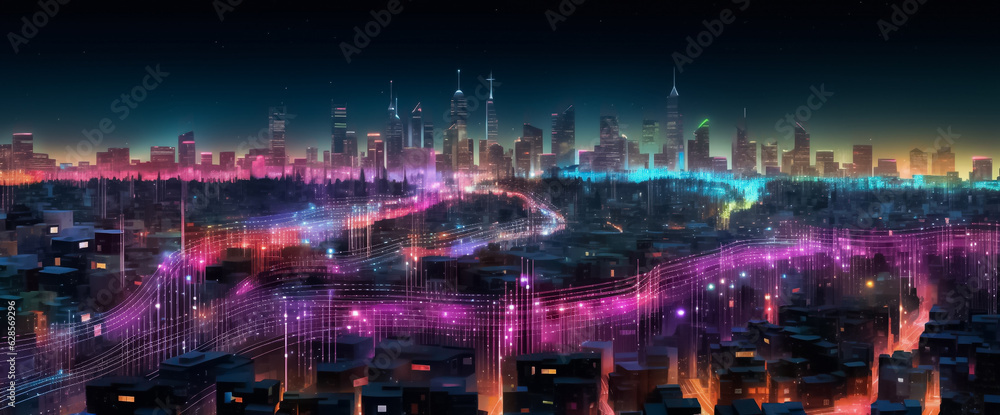 a mesmerizing urban landscape where the future meets artistry. Vivid purple and pink tones create a striking ambiance, enhanced by a digital line network and web effect generative AI.