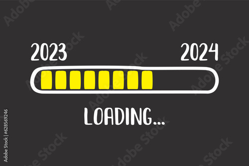 Download bar. 2023 loading, 2024 next year. Timeline, measuring scale. Funny horizontal banner, for web or print. Text and symbols on black background. Design doodle style,