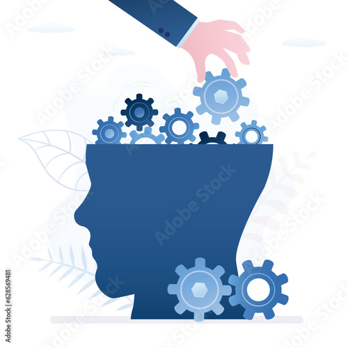 Mentorship, coach hand insert gear in head. Mind process and cognitive information in human head. Intelligence and knowledge development, brain performance