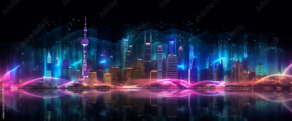 a mesmerizing urban landscape where the future meets artistry. Vivid purple and pink tones create a striking ambiance, enhanced by a digital line network and web effect generative AI.