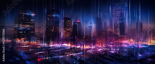 a mesmerizing urban landscape where the future meets artistry. Vivid purple and pink tones create a striking ambiance  enhanced by a digital line network and web effect generative AI.