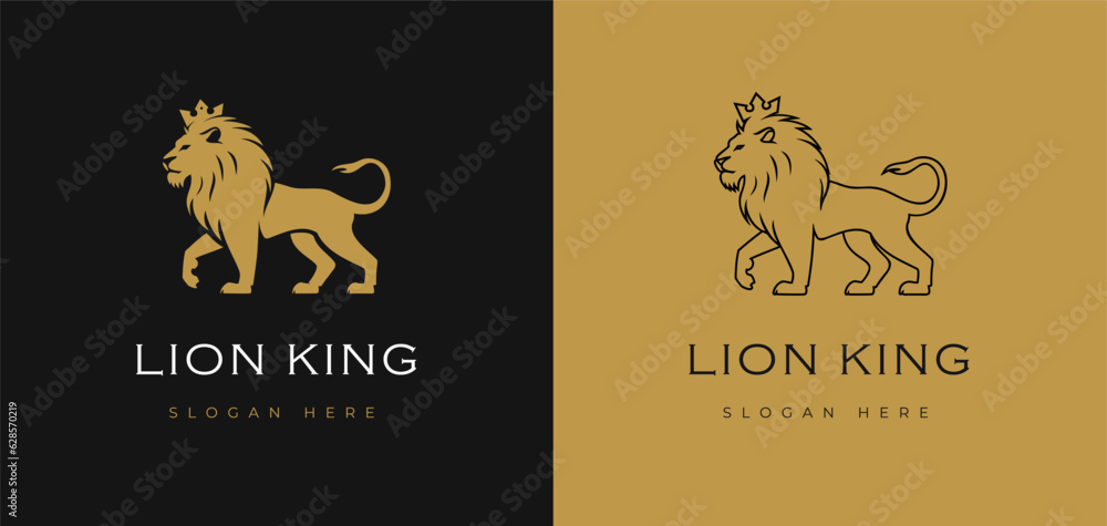 Royal lion logo emblem. Gold king leo icon. Elegant gold Leo animal logo. Luxury Premium brand identity label design. Vector illustration