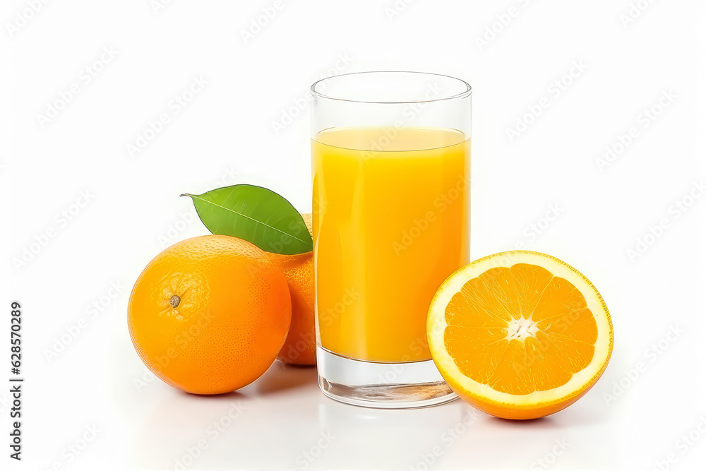 100% Organic Fresh orange juice in the glass with slices of oranges and green leaf isolated on white background , Created with Generate Ai Technology 100% Organic Fresh orange juice in the glass with slices of oranges and green leaf isolated on white background , Created with Generate Ai Technology