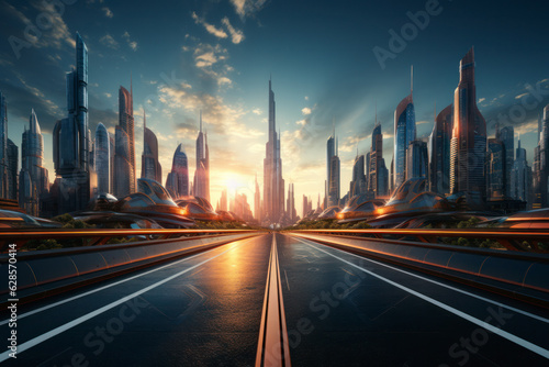 empty street with skyscrapers
