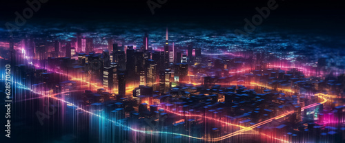 a mesmerizing urban landscape where the future meets artistry. Vivid purple and pink tones create a striking ambiance, enhanced by a digital line network and web effect generative AI.