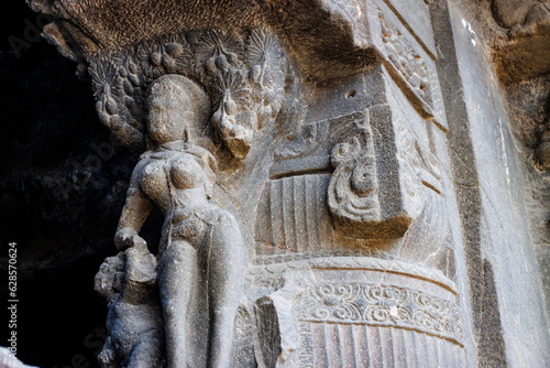 River Goddess Parvati sculpture - Exterior of the Rameshwara cave, cave 21, dedicated to Lord Shiva, in Ellora, Maharashtra, India, Asia photo