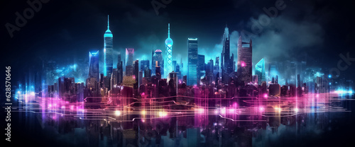 a mesmerizing urban landscape where the future meets artistry. Vivid purple and pink tones create a striking ambiance  enhanced by a digital line network and web effect generative AI.