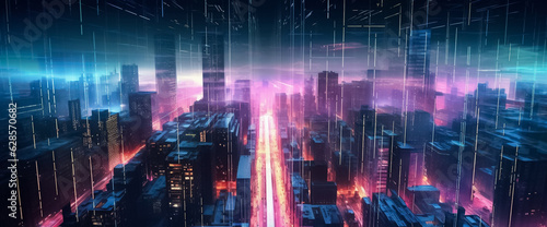 a mesmerizing urban landscape where the future meets artistry. Vivid purple and pink tones create a striking ambiance  enhanced by a digital line network and web effect generative AI.