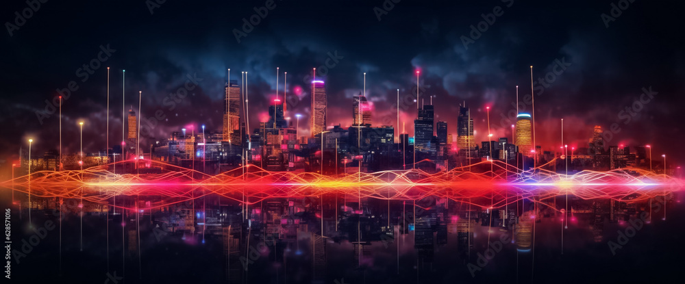 a digital line network and web effect entwined throughout the scene, this futuristic urban panorama invites you to explore a world where technology and creativity converge. generative AI.