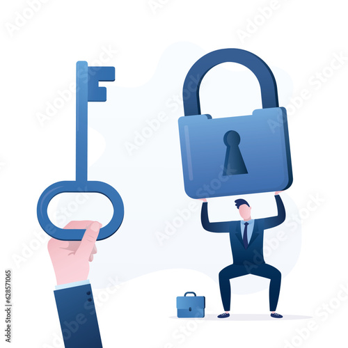 Business support, mentorship. Tired businessman, heavy pressure, male employee holds or tries to lift giant padlock. Coach hand give key to success. Overcoming obstacles,
