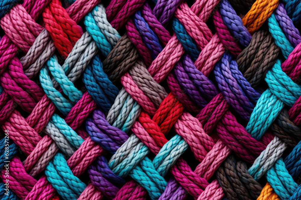 Handmade seamless pattern of colored yarn threads, loops of yarn in a thread ornament, repeat multicolored Coarse knitting close-up texture. 3d render realistic illustration style.