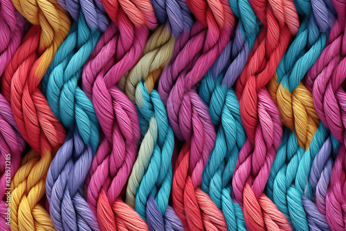 Handmade seamless pattern of colored yarn threads, loops of yarn in a thread ornament, repeat multicolored Coarse knitting close-up texture. 3d render realistic illustration style.