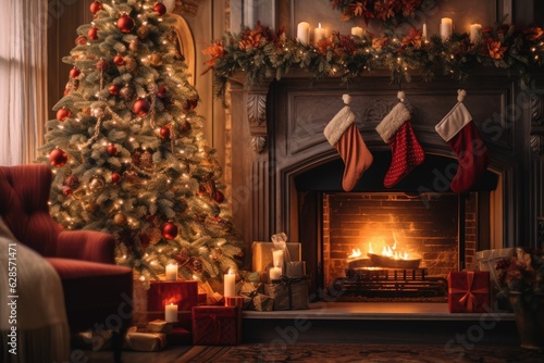 christmas tree, gifts and decorated fireplace with hanging socks, new year interior concept, generative AI
