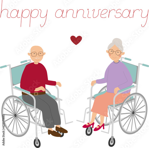 Vector illustration of old woman and man in wheelchairs in cartoon style. Happy anniversary greeting card with elderly couple in wheelchairs