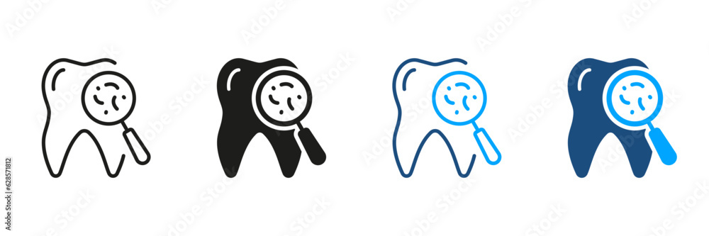 Fototapeta premium Mouth Bacteria Pictogram. Tooth Microbe, Dental Infection Silhouette and Line Icon Set. Oral Virus, Dental Treatment Symbol Collection. Dentistry Black and Color Sign. Isolated Vector Illustration