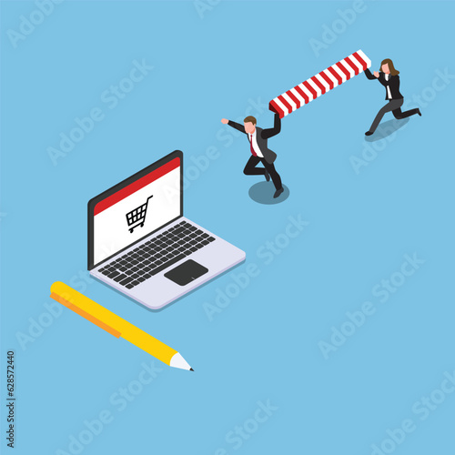 Business people working together getting the online shop ready isometric 3d vector illustration concept for banner, website, illustration, landing page, flyer, etc.