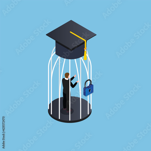 Student loan debt, money trap that graduated have to payback huge amount of money isometric 3d vector illustration concept for banner, website, illustration, landing page, flyer, etc.
