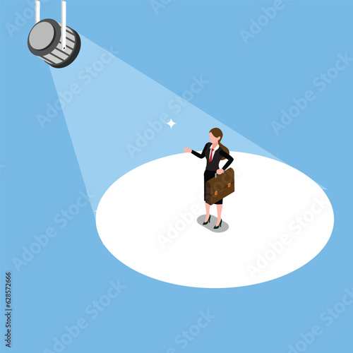 Woman in spotlight, success candidate for job vacancy, outstanding high performance employee isometric 3d