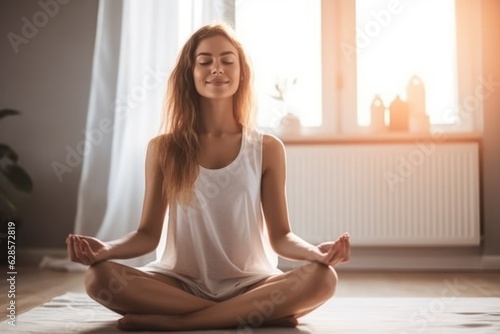 Holistic Wellness: Meditative Bliss as a Woman Embraces Calm and Light-Filled Yoga Practice