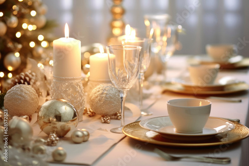 Christmas dinner table setting in a light modern dining room. Christmas home decoration. Generative AI