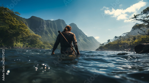 A man spearfishing in a river with amazing scenery