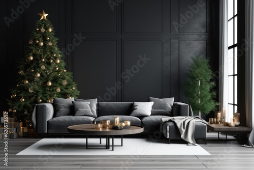interior in Scandinavian style with Christmas tree and gifts, natural daylight, generative AI © gankevstock