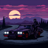Ninja night rider with Cadillac cts pixel art. AI Generated Image