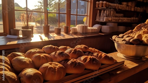  Delicious buns from the bakery. Various loaves, baguettes. Rye, buckwheat, bran, gluten-free, wheat buns Confectionery. private bakery in the shop. Showcase with pastries. Generative AI