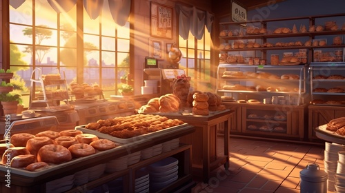  Delicious buns from the bakery. Various loaves, baguettes. Rye, buckwheat, bran, gluten-free, wheat buns Confectionery. private bakery in the shop. Showcase with pastries. Generative AI