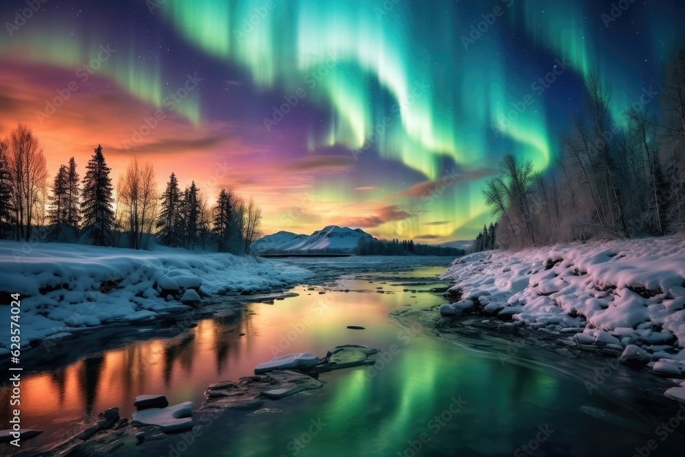 winter landscape with river, snow and forest, night aurora borealis on background, Generative AI