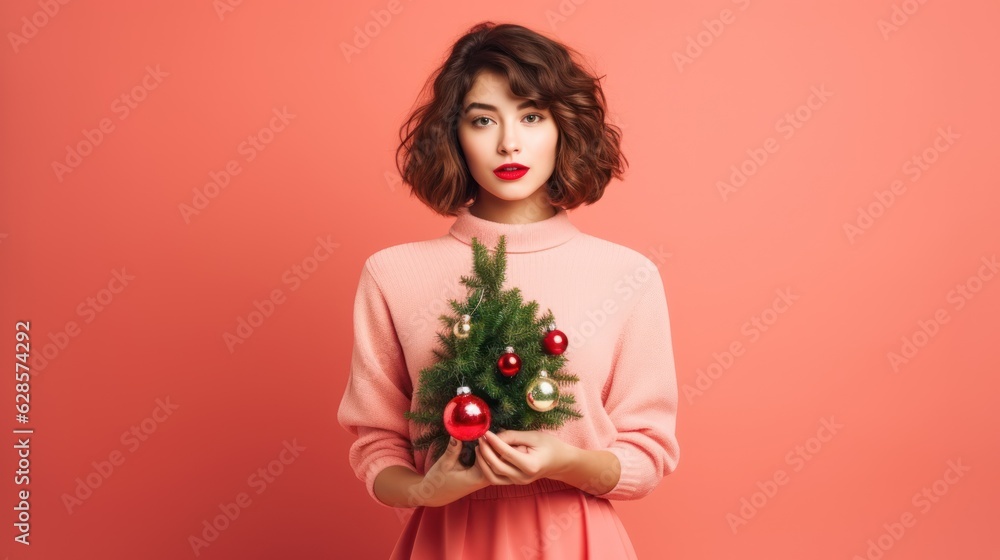 A woman dressed in pastel red sweater and skirt holding little Christmas tree. Generative AI. A woman dressed in pastel red sweater and skirt holding little Christmas tree. Generative AI.