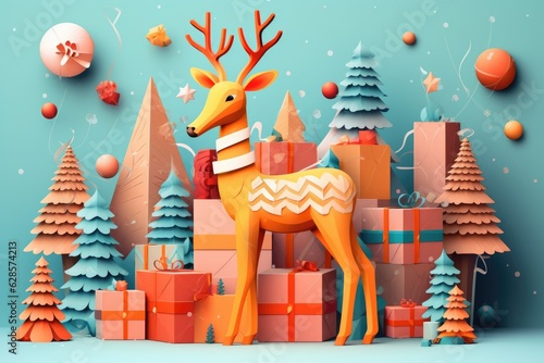 deer, Christmas trees and Christmas gifts made of multilayer paper on a blue background, Generative AI