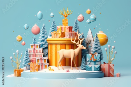 deer, Christmas trees and Christmas gifts made of multilayer paper on a blue background, Generative AI