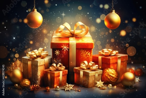 bright christmas presents with decorations and lights on dark black blurred background  Generative AI