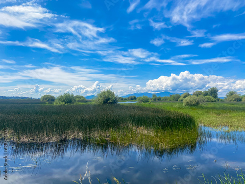 Scenic view of the Wood River wetland in Klamath Falls, Oregon with wispy clouds.