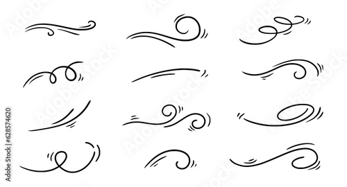 Doodle wind line sketch set. Hand drawn doodle wind motion, air blow, swirl elements. Sketch drawn air blow motion, smoke flow art, abstract line. Isolated vector illustration.