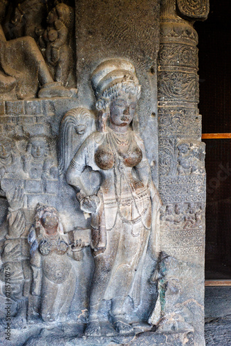 River Goddess Parvati sculpture - Exterior of the Rameshwara cave, cave 21, dedicated to Lord Shiva, in Ellora, Maharashtra, India, Asia