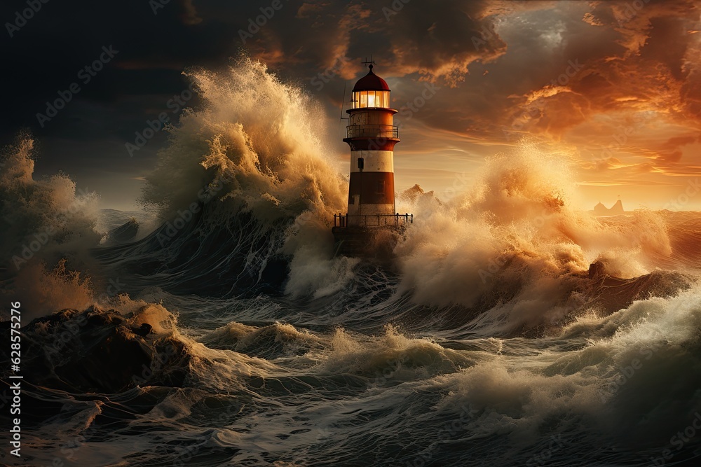 AI generated image. Big storm with big waves near a lighthouse.