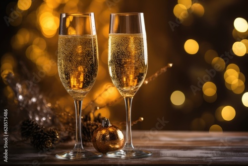 champagne glasses on wooden decorated table, blurred background with light, close up view, Generative AI