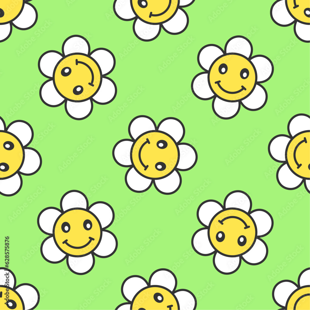 Naklejka premium Smiling chamomiles vector seamless pattern. Best for textile, wallpapers, home decoration, wrapping paper, package and web design.