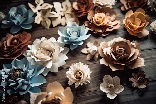 Decoration of paper flowers on a wooden background. Concept for a lovely wedding ceremony that includes writing. Generative AI